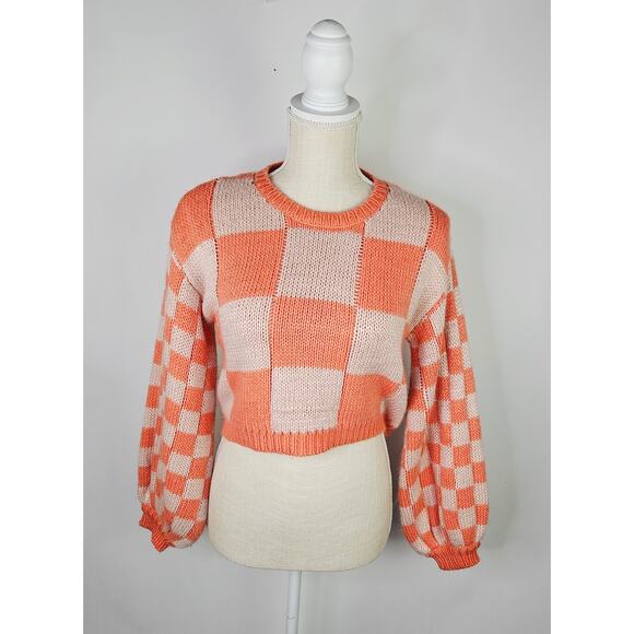 Princess Polly Sweaters - Princess Polly XS/S Cropped Sweater Peach Checkered Balloon Sleeve Knit Pullover